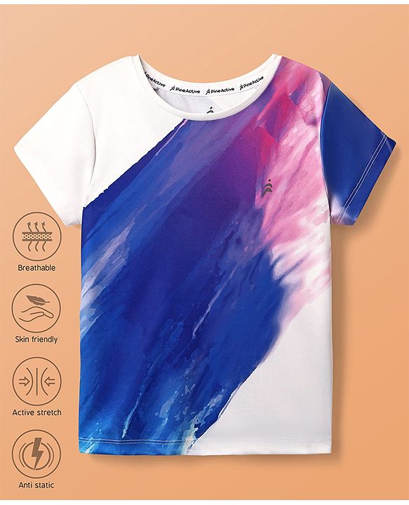 Pine Active Knit Super Stretch Half Sleeves Printed T-Shirt - White & Blue