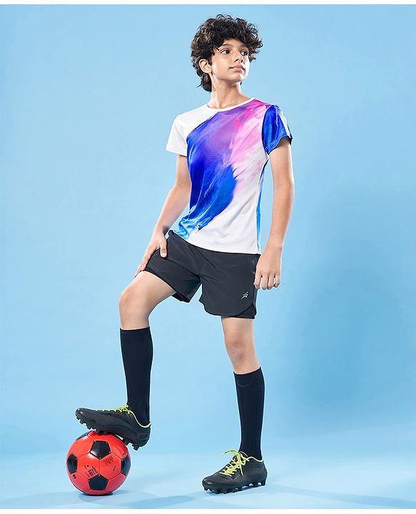 Pine Active Knit Super Stretch Half Sleeves Printed T-Shirt - White & Blue
