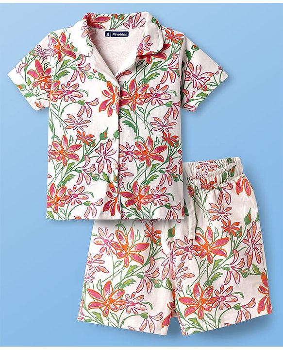 Pine Kids Single Jersey Knit Half Sleeves Shorts Co-Ords Night Suit with Floral Print - White