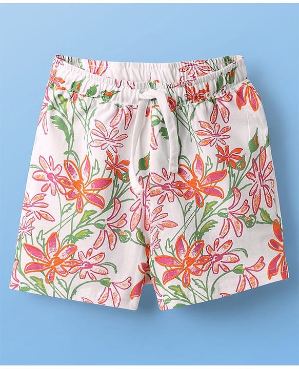 Pine Kids Single Jersey Knit Half Sleeves Shorts Co-Ords Night Suit with Floral Print - White