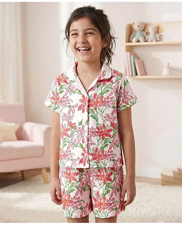 Pine Kids Single Jersey Knit Half Sleeves Shorts Co-Ords Night Suit with Floral Print - White