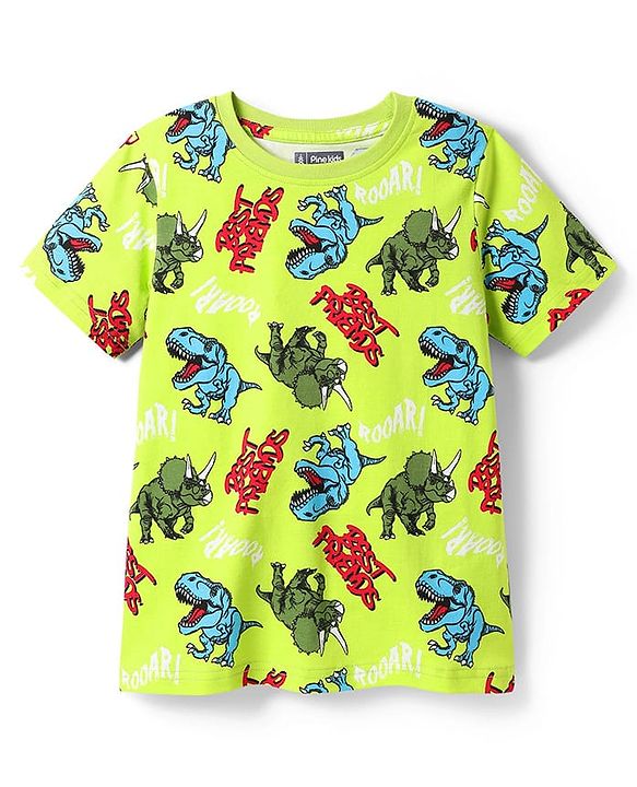 Pine Kid Single Jersey Knit Half Sleeves Co-ords Shorts Night Suit With Dino Print - Light Green