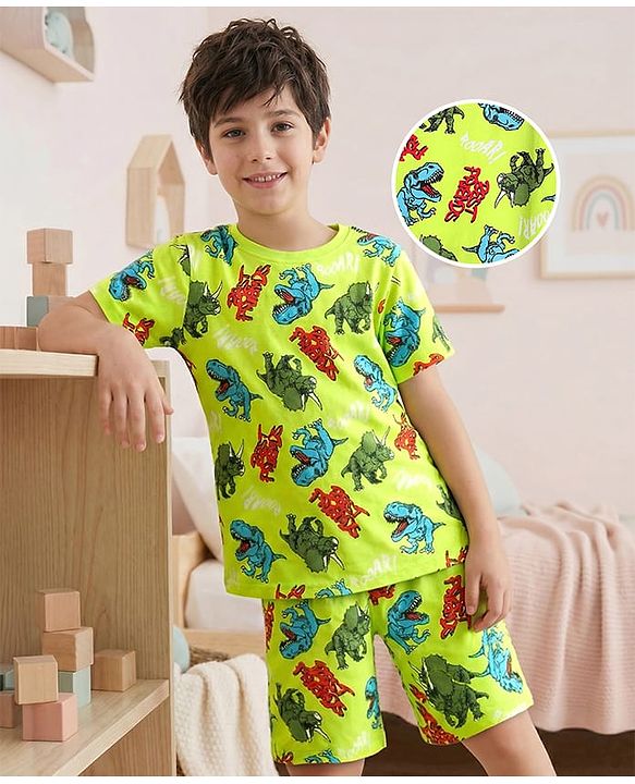 Pine Kid Single Jersey Knit Half Sleeves Co-ords Shorts Night Suit With Dino Print - Light Green
