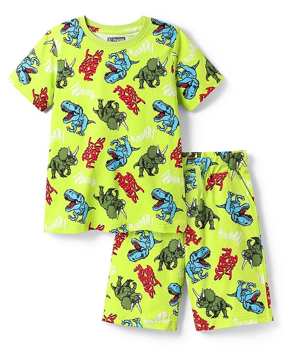 Pine Kid Single Jersey Knit Half Sleeves Co-ords Shorts Night Suit With Dino Print - Light Green