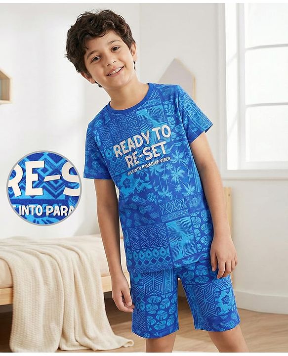 Pine Kids Single Jersey Knit Half Sleeves Co-ords Shorts Night Suit With Tropical Theme Print - Blue