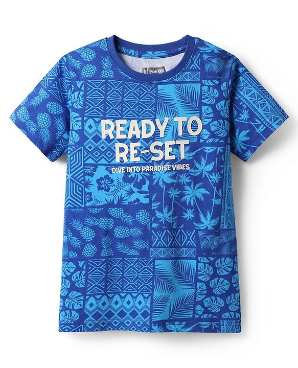 Pine Kids Single Jersey Knit Half Sleeves Co-ords Shorts Night Suit With Tropical Theme Print - Blue