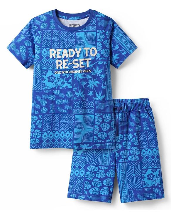 Pine Kids Single Jersey Knit Half Sleeves Co-ords Shorts Night Suit With Tropical Theme Print - Blue
