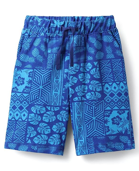 Pine Kids Single Jersey Knit Half Sleeves Co-ords Shorts Night Suit With Tropical Theme Print - Blue
