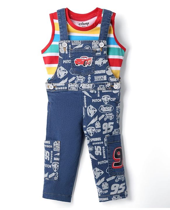 Babyhug Disney Single Jersey Knit Sleeveless T-Shirt And Dungaree Set With Car Graphics - Blue & Yellow