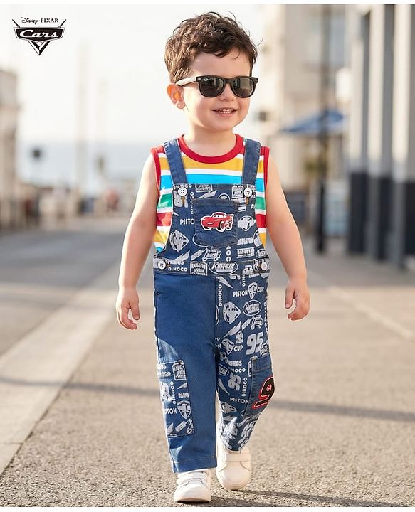 Babyhug Disney Single Jersey Knit Sleeveless T-Shirt And Dungaree Set With Car Graphics - Blue & Yellow