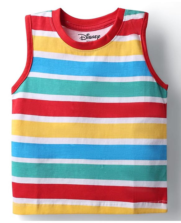 Babyhug Disney Single Jersey Knit Sleeveless T-Shirt And Dungaree Set With Car Graphics - Blue & Yellow