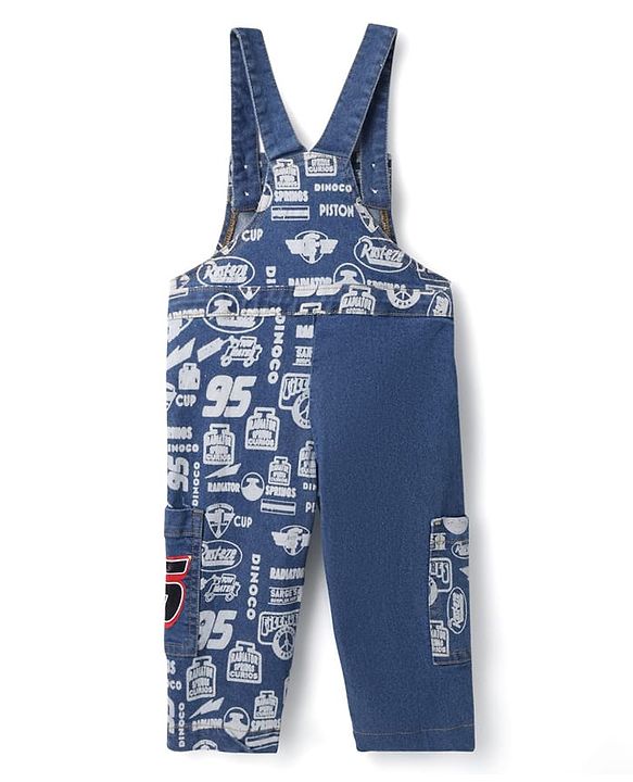 Babyhug Disney Single Jersey Knit Sleeveless T-Shirt And Dungaree Set With Car Graphics - Blue & Yellow