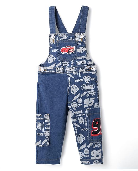 Babyhug Disney Single Jersey Knit Sleeveless T-Shirt And Dungaree Set With Car Graphics - Blue & Yellow