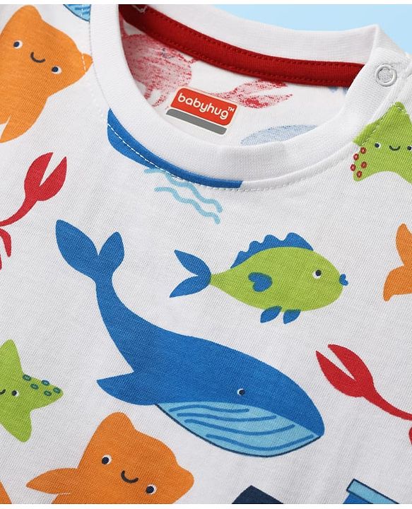 Babyhug Single Jersey Knit Half Sleeves T-Shirt & Shorts Set With Sea Animals Print - White & Red