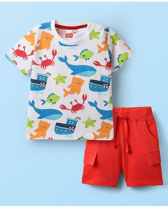 Babyhug Single Jersey Knit Half Sleeves T-Shirt & Shorts Set With Sea Animals Print - White & Red
