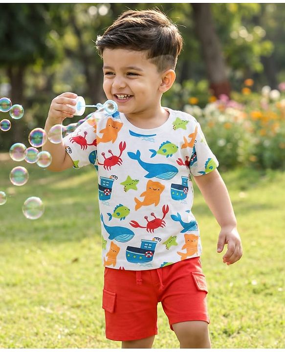 Babyhug Single Jersey Knit Half Sleeves T-Shirt & Shorts Set With Sea Animals Print - White & Red