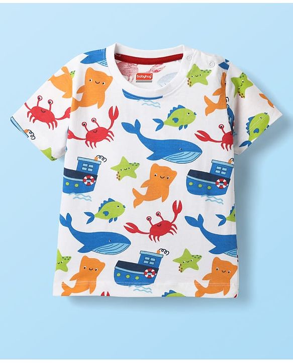 Babyhug Single Jersey Knit Half Sleeves T-Shirt & Shorts Set With Sea Animals Print - White & Red