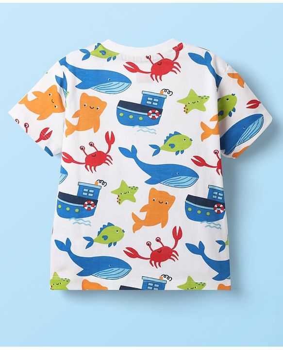 Babyhug Single Jersey Knit Half Sleeves T-Shirt & Shorts Set With Sea Animals Print - White & Red