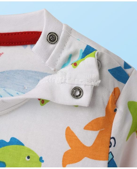 Babyhug Single Jersey Knit Half Sleeves T-Shirt & Shorts Set With Sea Animals Print - White & Red