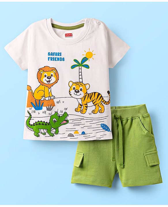 Babyhug Single Jersey Knit Half Sleeves T-Shirt & Shorts Set with Animal Print - White & Green