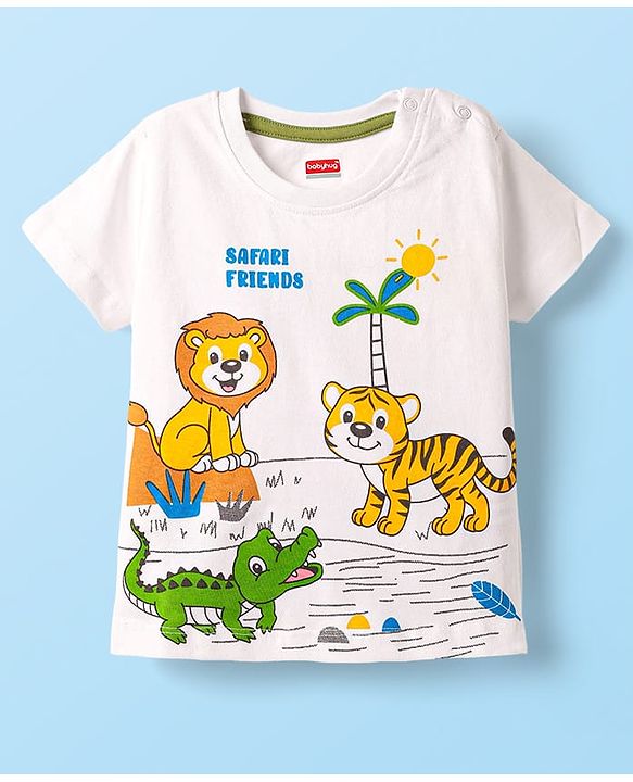 Babyhug Single Jersey Knit Half Sleeves T-Shirt & Shorts Set with Animal Print - White & Green