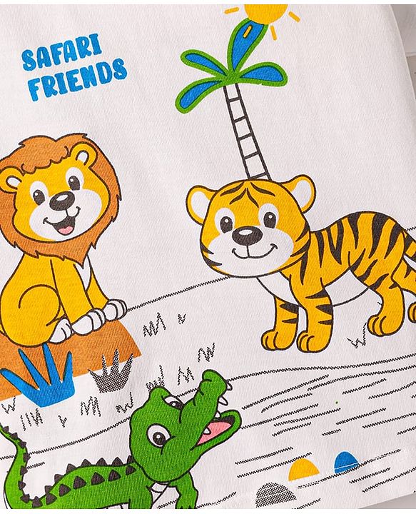 Babyhug Single Jersey Knit Half Sleeves T-Shirt & Shorts Set with Animal Print - White & Green