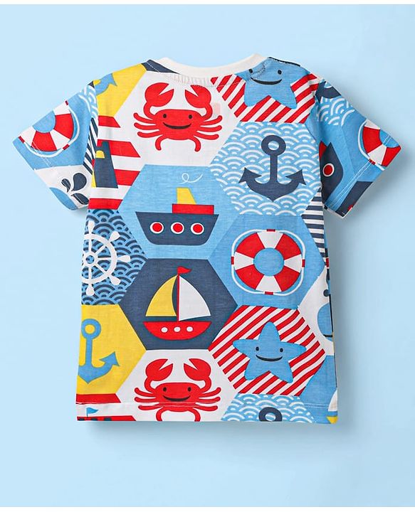 Babyhug Single Jersey Knit Half Sleeves T-Shirt & Shorts Set with Nautical Theme Print - Red