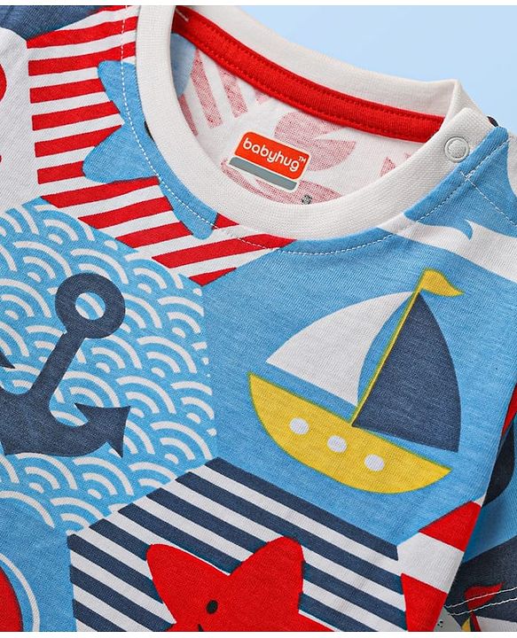 Babyhug Single Jersey Knit Half Sleeves T-Shirt & Shorts Set with Nautical Theme Print - Red