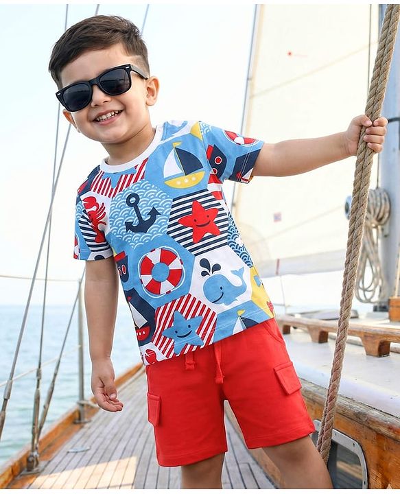 Babyhug Single Jersey Knit Half Sleeves T-Shirt & Shorts Set with Nautical Theme Print - Red
