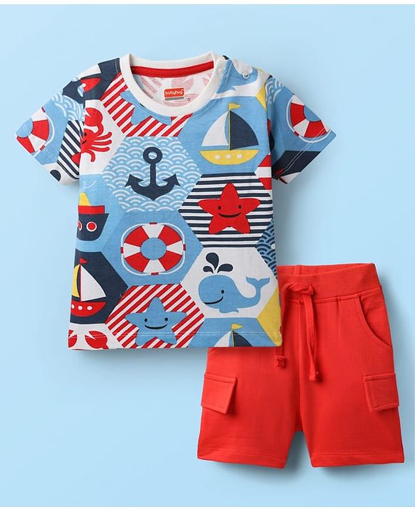 Babyhug Single Jersey Knit Half Sleeves T-Shirt & Shorts Set with Nautical Theme Print - Red