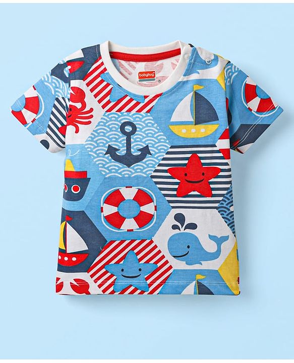Babyhug Single Jersey Knit Half Sleeves T-Shirt & Shorts Set with Nautical Theme Print - Red