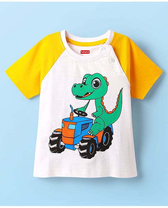 Babyhug Single Jersey Knit Half Raglan Sleeves T-Shirt & Shorts Set With Dino Print - White & Green