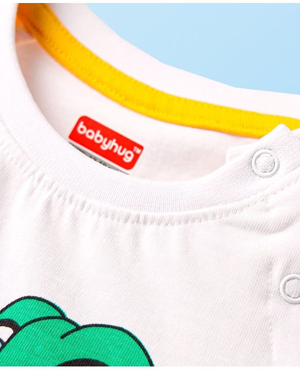 Babyhug Single Jersey Knit Half Raglan Sleeves T-Shirt & Shorts Set With Dino Print - White & Green
