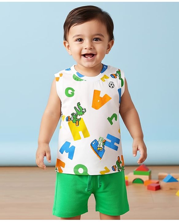 Babyhug Single Jersey Knit Sleeveless Tank T-Shirt & Shorts With Alphabet Print - Green & White