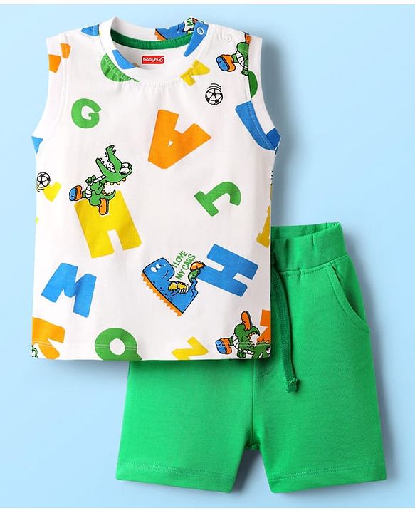 Babyhug Single Jersey Knit Sleeveless Tank T-Shirt & Shorts With Alphabet Print - Green & White