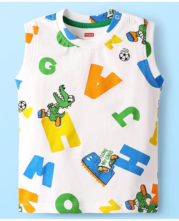 Babyhug Single Jersey Knit Sleeveless Tank T-Shirt & Shorts With Alphabet Print - Green & White