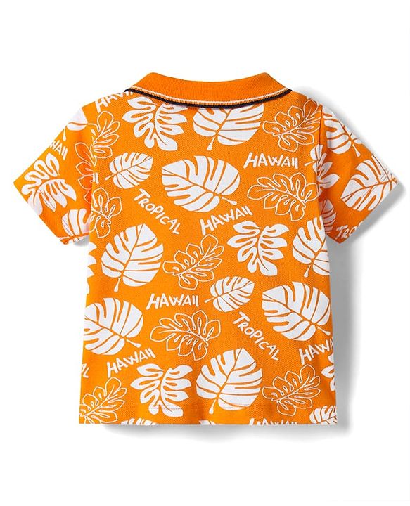 Babyhug Single Jersey Knit Half Sleeves Polo T-Shirt & Shorts With Tropical Print - Orange & Blue