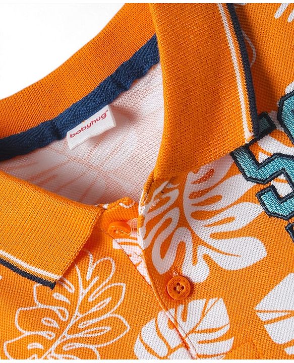 Babyhug Single Jersey Knit Half Sleeves Polo T-Shirt & Shorts With Tropical Print - Orange & Blue