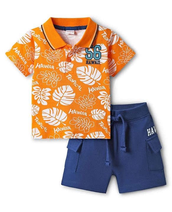 Babyhug Single Jersey Knit Half Sleeves Polo T-Shirt & Shorts With Tropical Print - Orange & Blue