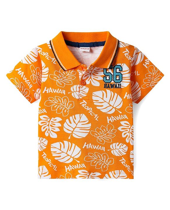 Babyhug Single Jersey Knit Half Sleeves Polo T-Shirt & Shorts With Tropical Print - Orange & Blue