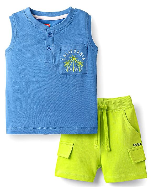 Babyhug Single Jersey Knit Sleeveless T-Shirt & Shorts Set with Carlifornia Text Print - Blue & Limegreen