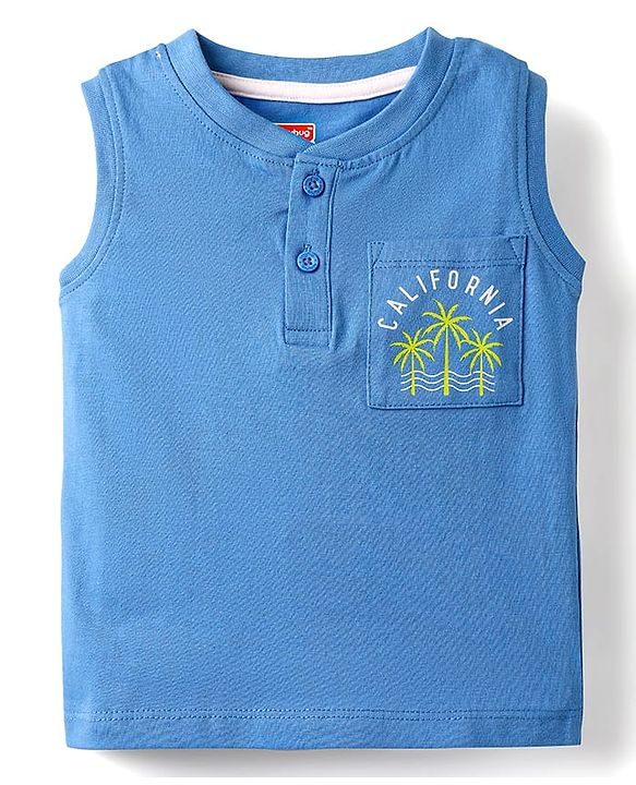 Babyhug Single Jersey Knit Sleeveless T-Shirt & Shorts Set with Carlifornia Text Print - Blue & Limegreen