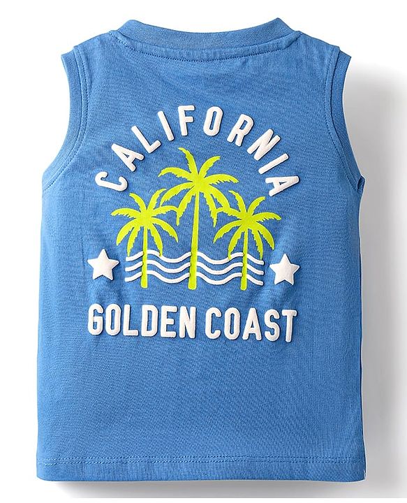 Babyhug Single Jersey Knit Sleeveless T-Shirt & Shorts Set with Carlifornia Text Print - Blue & Limegreen