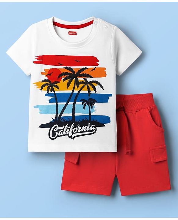 Babyhug Single Jersey Knit Half Sleeves T-Shirt & Shorts With Beach Theme Print - Red & White