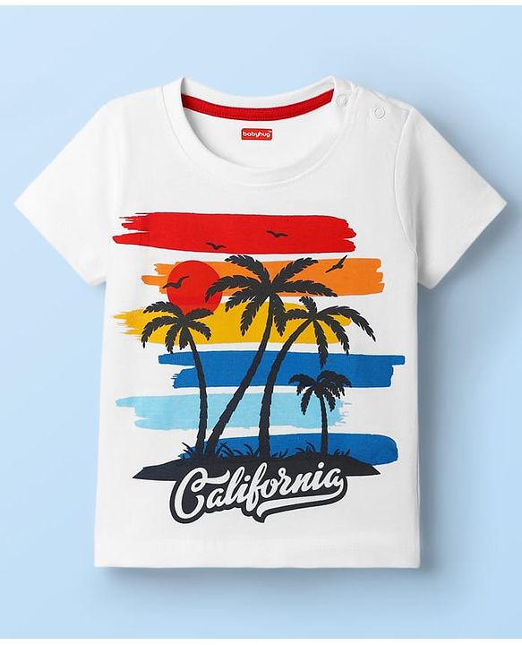 Babyhug Single Jersey Knit Half Sleeves T-Shirt & Shorts With Beach Theme Print - Red & White