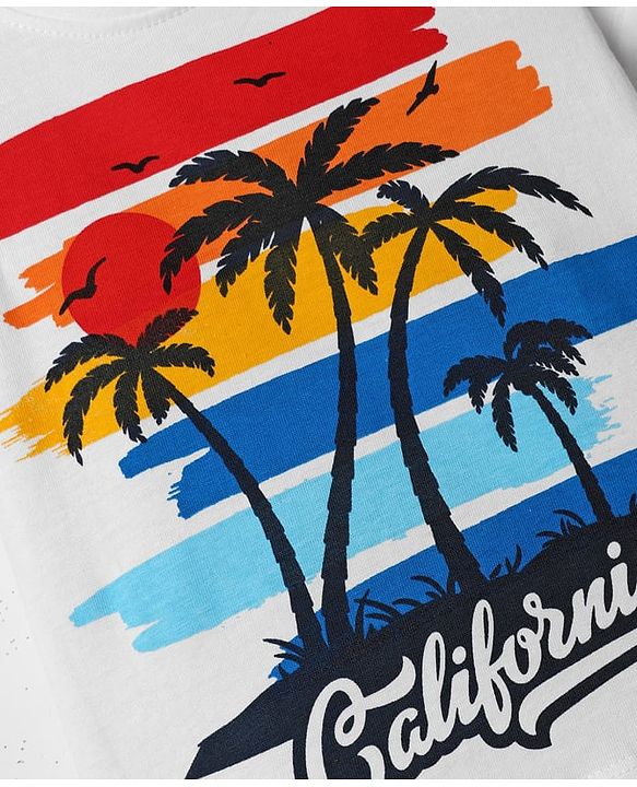 Babyhug Single Jersey Knit Half Sleeves T-Shirt & Shorts With Beach Theme Print - Red & White