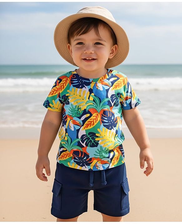 Babyhug Single Jersey Knit Half Sleeves T-Shirt & Shorts Set With Leaf Print - Blue