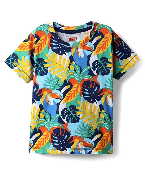 Babyhug Single Jersey Knit Half Sleeves T-Shirt & Shorts Set With Leaf Print - Blue