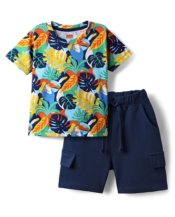 Babyhug Single Jersey Knit Half Sleeves T-Shirt & Shorts Set With Leaf Print - Blue