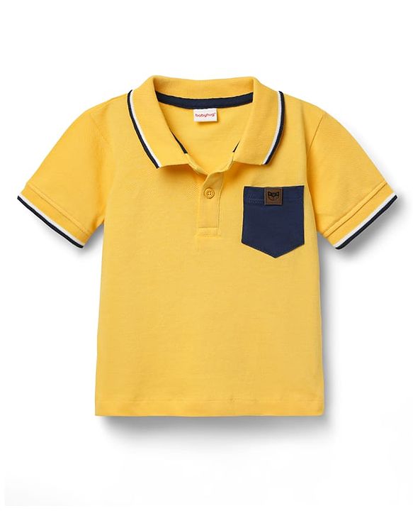 Babyhug Single Jersey Knit Half Sleeves Polo T-Shirt & Shorts Set with Text Print - Yellow & Blue